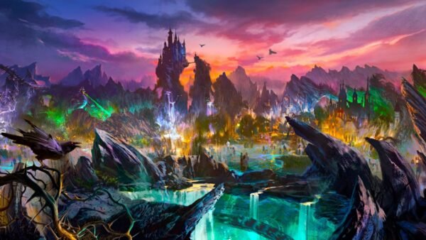 Un paysage fantastique vibrant avec des bassins lumineux, des rochers déchiquetés et un château lointain au sommet d'un pic, inspiré de Disney Villains Land, s'anime avec un éclairage coloré sous un ciel de coucher de soleil dramatique.