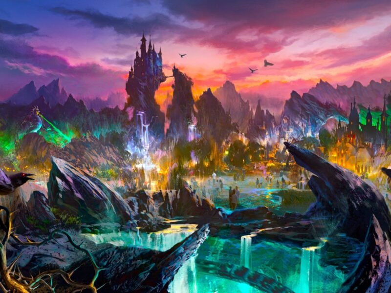 Un paysage fantastique vibrant avec des bassins lumineux, des rochers déchiquetés et un château lointain au sommet d'un pic, inspiré de Disney Villains Land, s'anime avec un éclairage coloré sous un ciel de coucher de soleil dramatique.