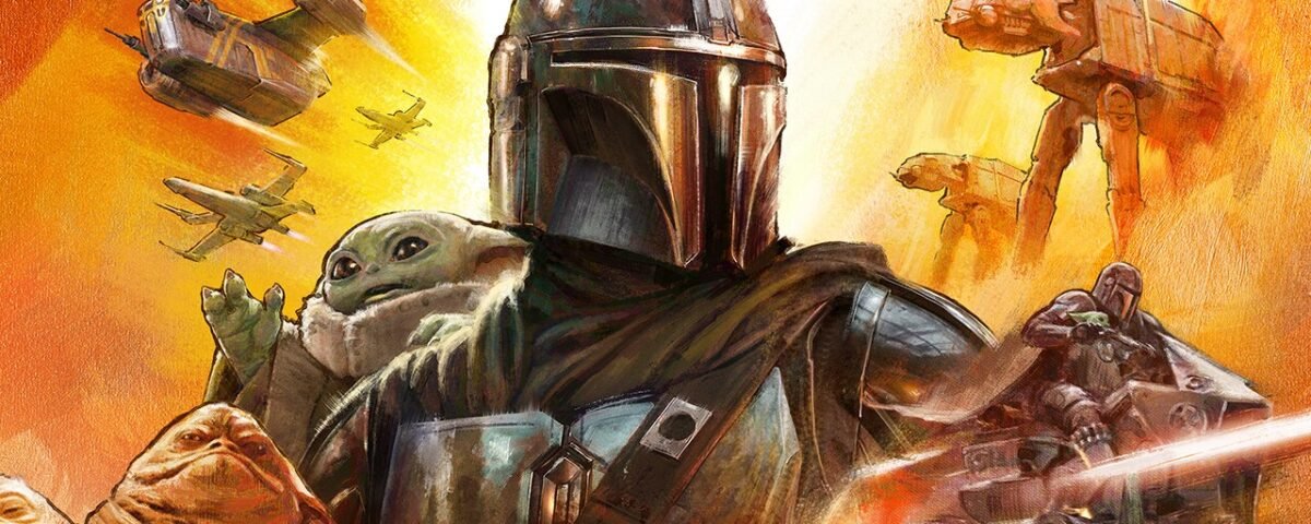 Illustration d'un guerrier mandalorien en armure avec des Grogu, des vaisseaux spatiaux et des scènes de combat sur un fond vibrant et enflammé sur le thème de Star Wars.