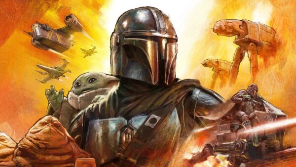Illustration d'un guerrier mandalorien en armure avec des Grogu, des vaisseaux spatiaux et des scènes de combat sur un fond vibrant et enflammé sur le thème de Star Wars.