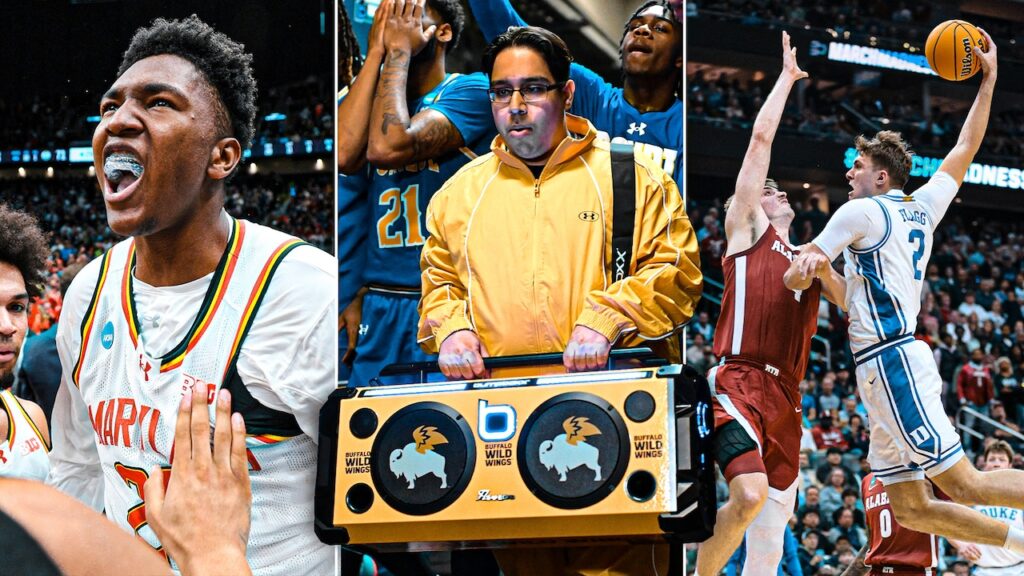 Un joueur de basket-ball célèbre la March Madness, un homme porte une grosse boombox et deux joueurs se disputent le ballon lors d'un match de basket-ball intense de la NCAA 2026 US.