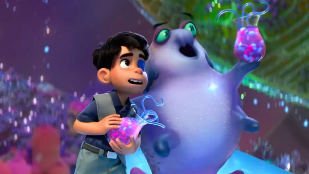 Un garçon et une créature violette tiennent des bocaux lumineux remplis d'objets colorés, l'air excité, dans un décor vibrant et fantastique qui rappelle la magie caractéristique de Pixar, inspirée du monde d'Elio.
