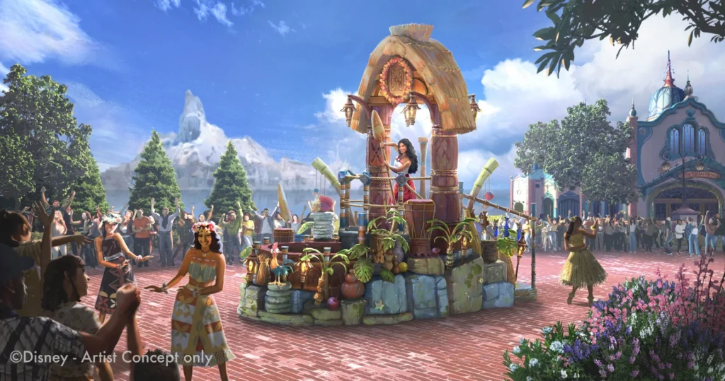 Cavalcade. Dessin conceptuel d'un char de parade mettant en scène les personnages de Disney "Encanto", rejoints par Vaiana, avec une foule regardant et célébrant dans un décor coloré de Disney Adventure World.