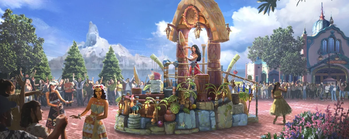 Dessin conceptuel d'un char de parade mettant en scène les personnages de Disney "Encanto", rejoints par Vaiana, avec une foule regardant et célébrant dans un décor coloré de Disney Adventure World.