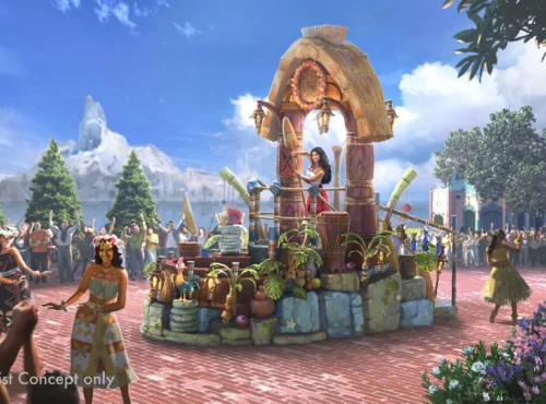 Dessin conceptuel d'un char de parade mettant en scène les personnages de Disney "Encanto", rejoints par Vaiana, avec une foule regardant et célébrant dans un décor coloré de Disney Adventure World.