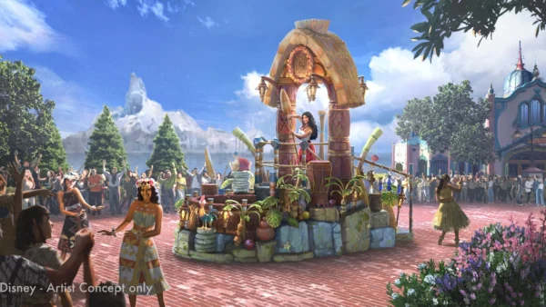 Dessin conceptuel d'un char de parade mettant en scène les personnages de Disney "Encanto", rejoints par Vaiana, avec une foule regardant et célébrant dans un décor coloré de Disney Adventure World.