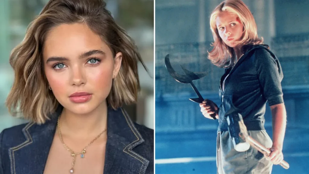 Une image dédoublée : à gauche, une femme aux cheveux courts et ondulés, vêtue d'un blazer bleu ; à droite, une autre femme debout, dans une lumière tamisée, munie d'une arme ressemblant à une hache, qui rappelle un reboot de Buffy Contre Les Vampires.