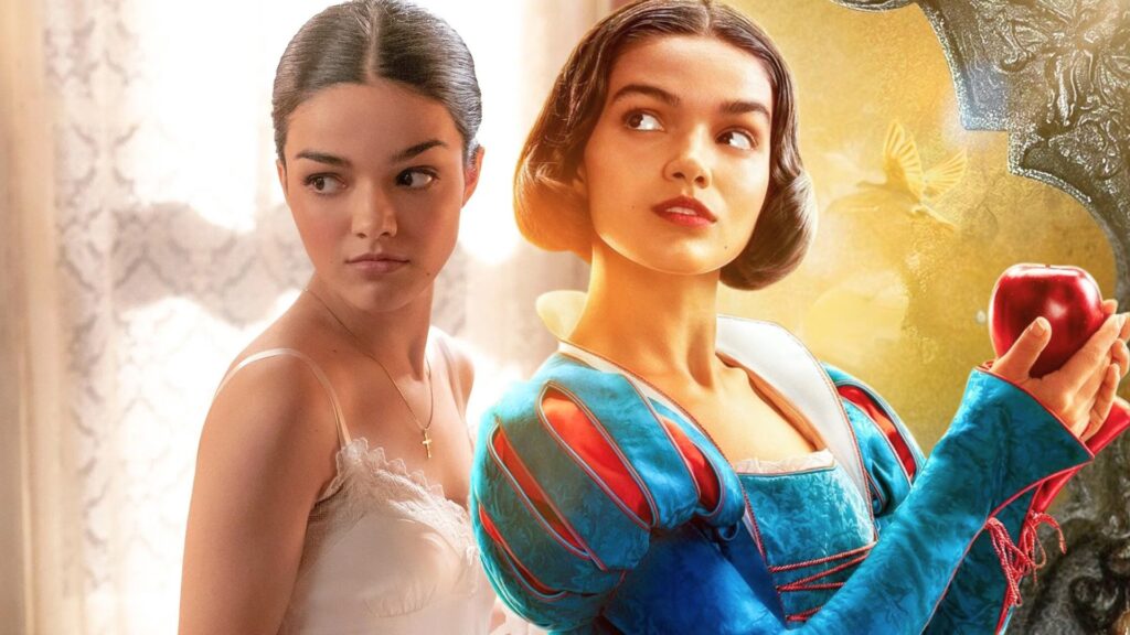 Une jeune femme vêtue d'une camisole blanche se tient à côté d'une image d'elle en Blanche-neige, habillée en Blanche et tenant une pomme - un clin d'œil à Rachel Zegler au milieu des critiques récentes.
