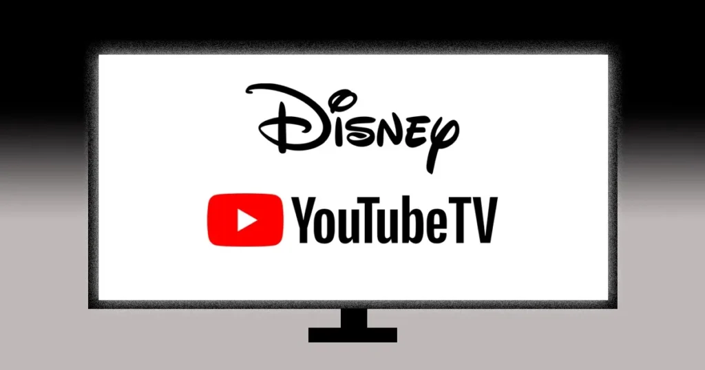 Un écran de télévision affiche le logo Disney au-dessus du logo YouTube TV, soulignant la collaboration entre Disney et le groupe média mondial YouTube sur un fond uni.