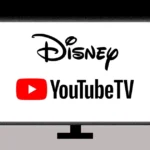 Un écran de télévision affiche le logo Disney au-dessus du logo YouTube TV, soulignant la collaboration entre Disney et le groupe média mondial YouTube sur un fond uni.