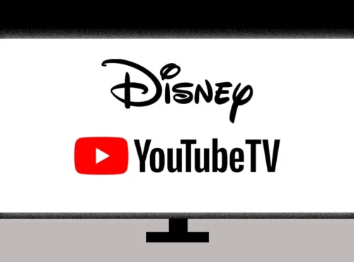 Un écran de télévision affiche le logo Disney au-dessus du logo YouTube TV, soulignant la collaboration entre Disney et le groupe média mondial YouTube sur un fond uni.