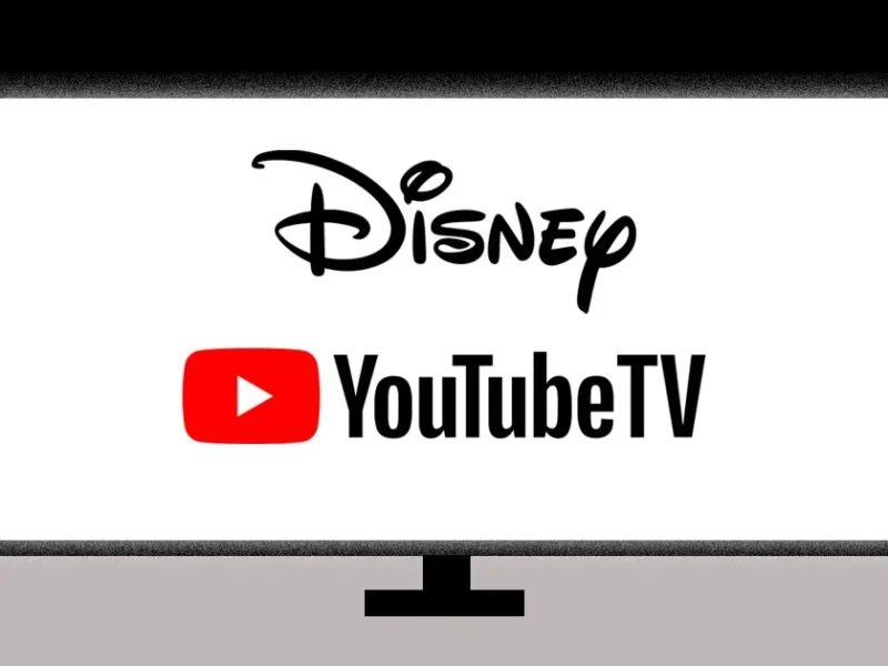 Un écran de télévision affiche le logo Disney au-dessus du logo YouTube TV, soulignant la collaboration entre Disney et le groupe média mondial YouTube sur un fond uni.