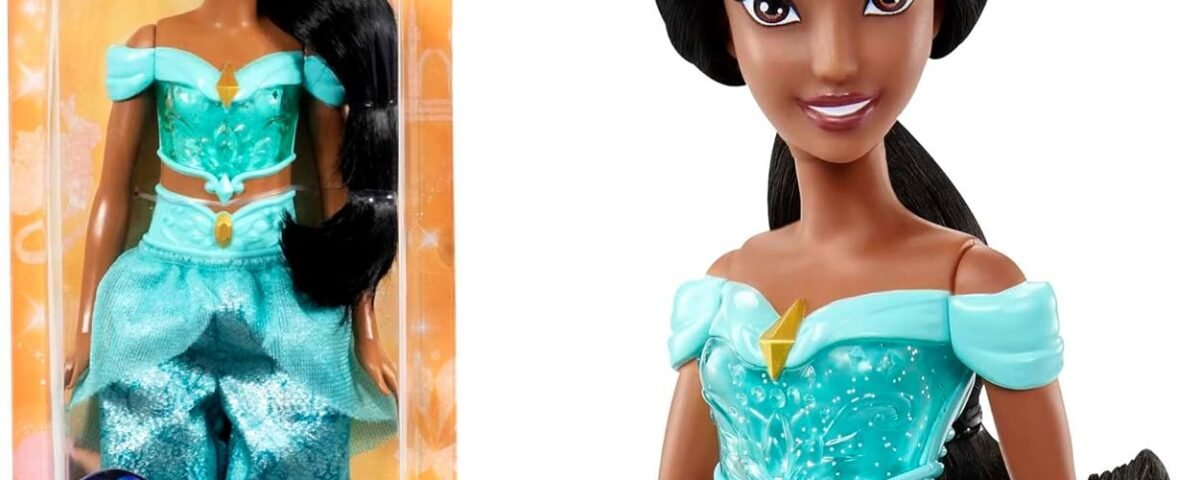 Mattel Princesses Disney Poupée Jasmine articulée avec tenue scintillante et accessoires dont chaussures et diadème, Jouet Enfant, Dès 3 ans, HLW12