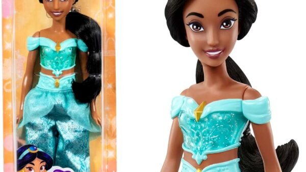 Mattel Princesses Disney Poupée Jasmine articulée avec tenue scintillante et accessoires dont chaussures et diadème, Jouet Enfant, Dès 3 ans, HLW12