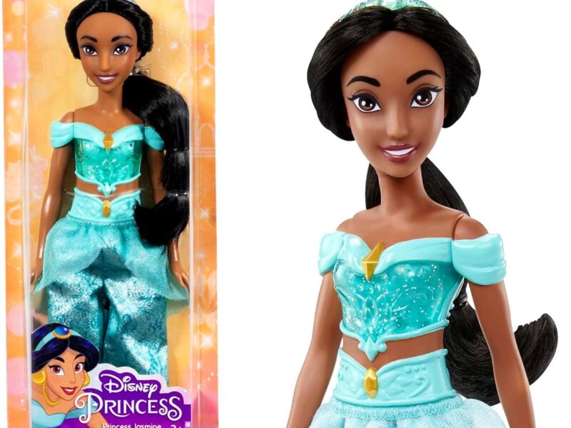 Mattel Princesses Disney Poupée Jasmine articulée avec tenue scintillante et accessoires dont chaussures et diadème, Jouet Enfant, Dès 3 ans, HLW12