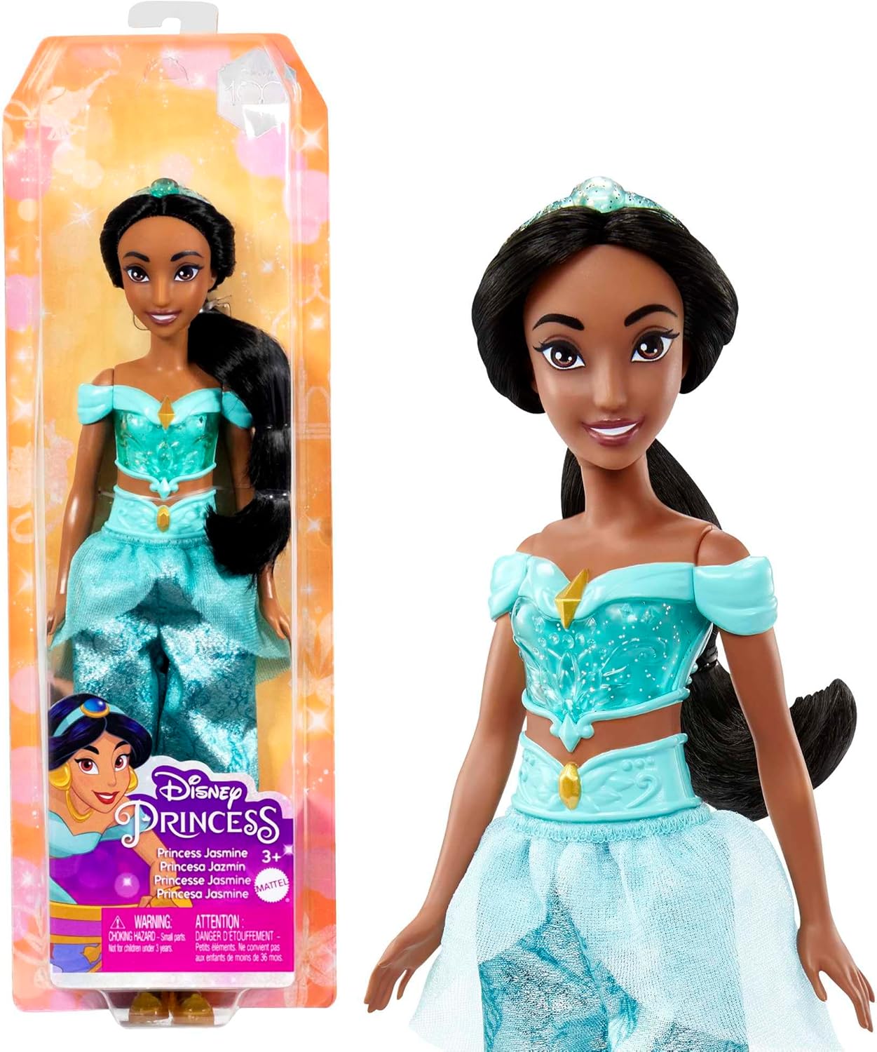 Mattel Princesses Disney Poupée Jasmine articulée avec tenue scintillante et accessoires dont chaussures et diadème, Jouet Enfant, Dès 3 ans, HLW12