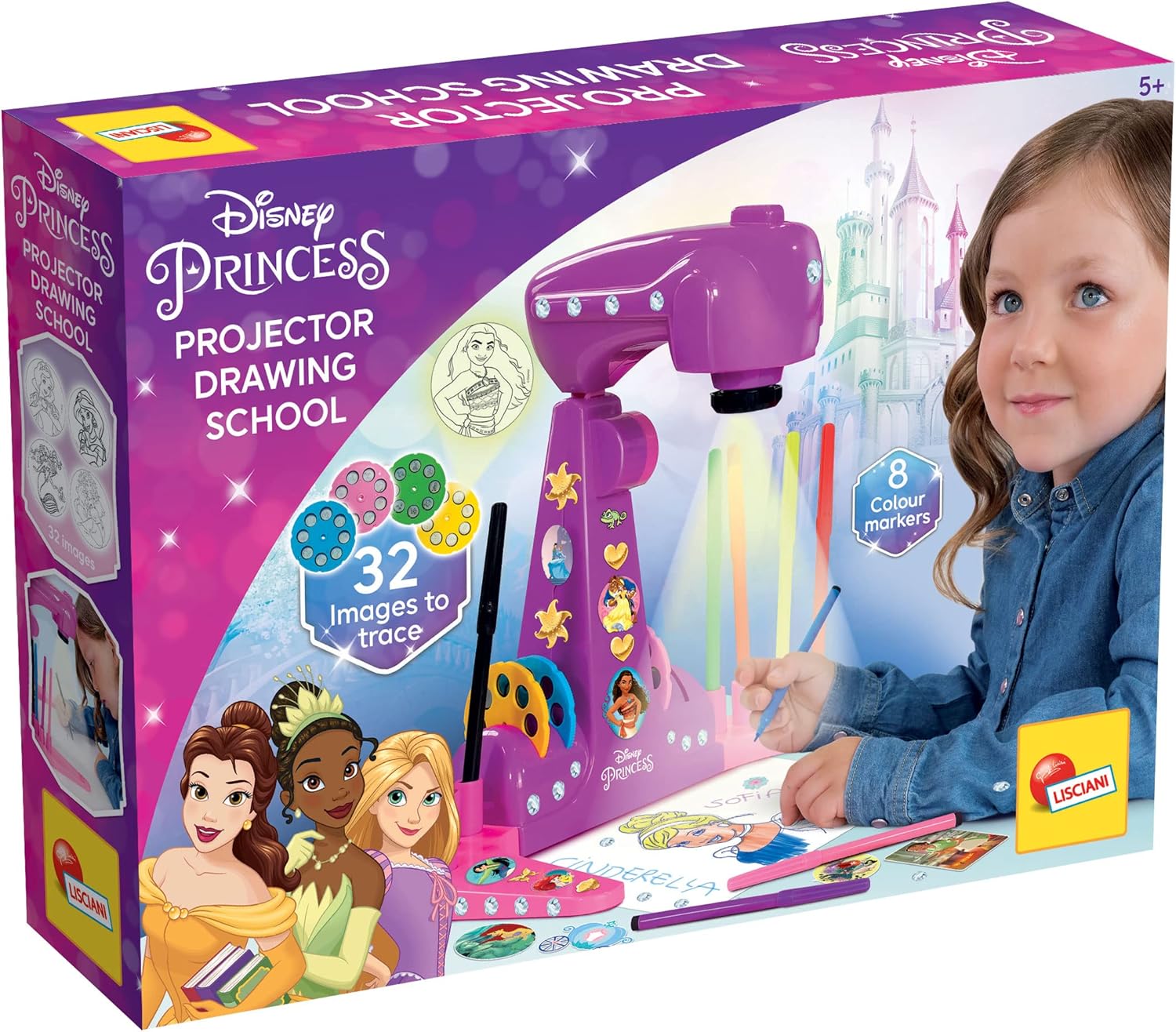 Lisciani - PRINCESSES DISNEY - École de Dessins par Projection - Pour Enfants dès 5 Ans - Apprendre à Dessiner avec un Modèle Projeté - Kit Dessins Complet avec Modèles, Papier et Crayons - Création