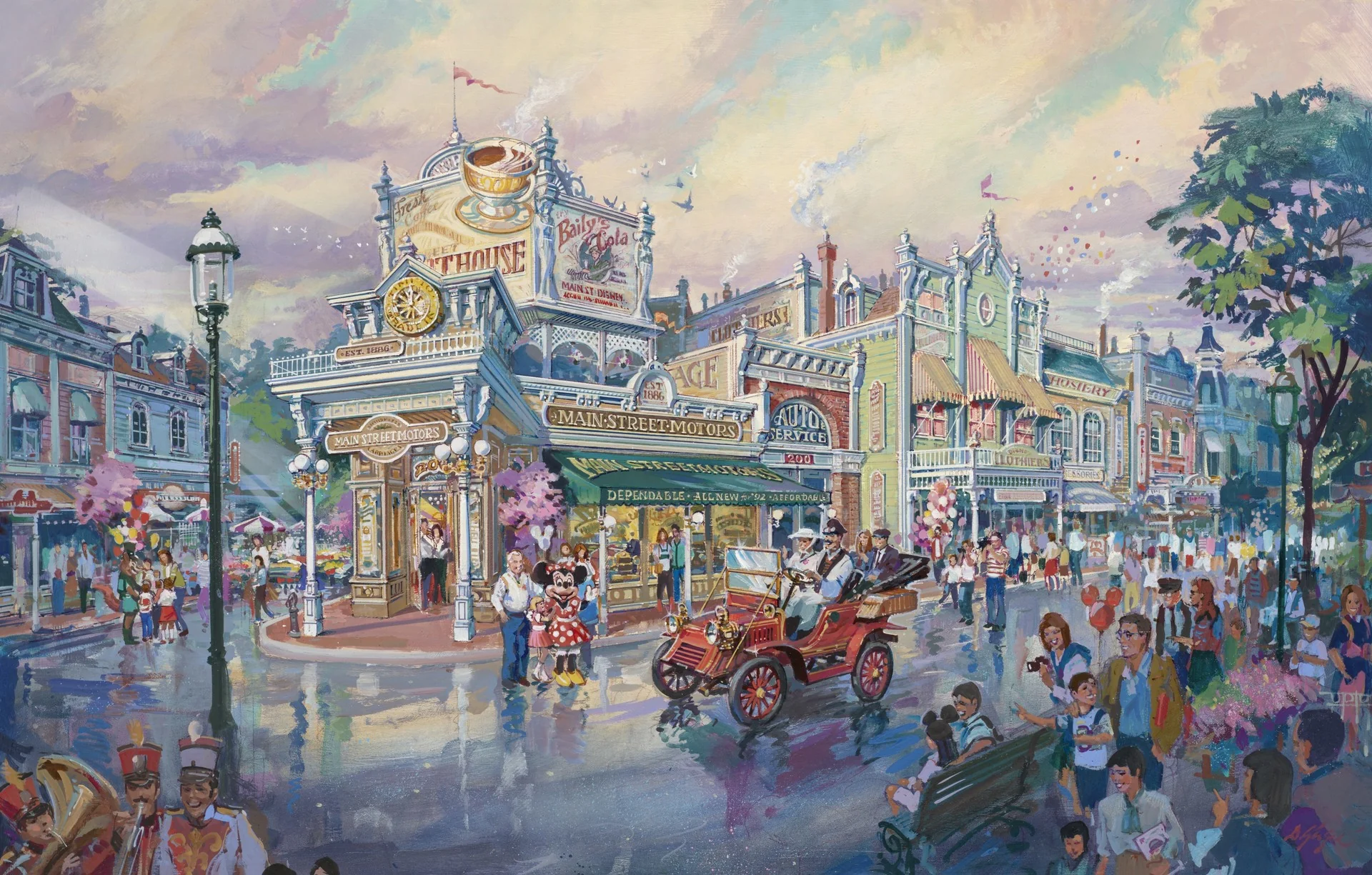Illustration colorée d'une scène animée et vintage de Main Street U.S.A. avec des gens qui marchent, une voiture à l'ancienne et des magasins ornés - dont un glacier et une boulangerie - évoquant le charme de Disneyland Paris sous un ciel nuageux.