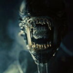 Gros plan d'une créature à la bouche métallique et dentée grande ouverte, montrant des dents pointues et des gouttes de salive, sur un fond sombre - évoquant l'atmosphère glaçante d'Alien Romulus 2 par la suite de Michael Sarnoski.