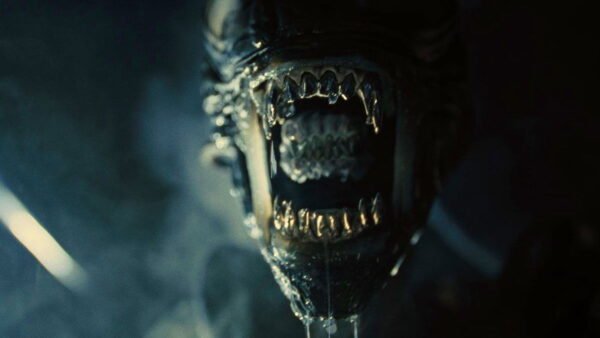 Gros plan d'une créature à la bouche métallique et dentée grande ouverte, montrant des dents pointues et des gouttes de salive, sur un fond sombre - évoquant l'atmosphère glaçante d'Alien Romulus 2 par la suite de Michael Sarnoski.