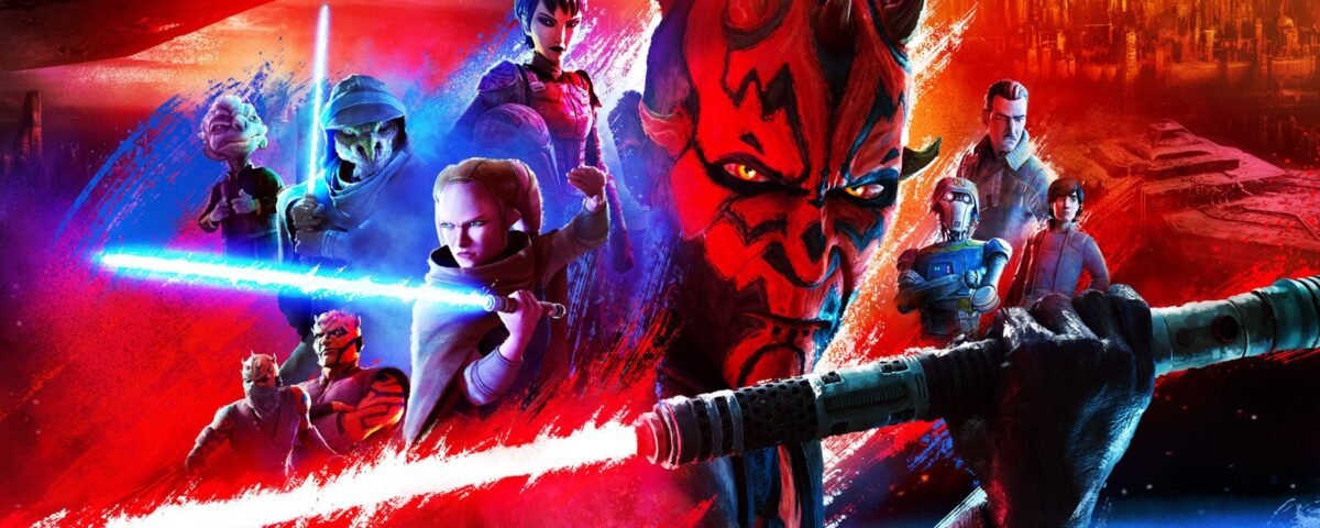 Une illustration numérique présente des personnages de Star Wars : The Clone Wars, avec au premier plan Maul Seigneur De L'ombre tenant un sabre laser à double lame.