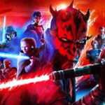 Une illustration numérique présente des personnages de Star Wars : The Clone Wars, avec au premier plan Maul Seigneur De L'ombre tenant un sabre laser à double lame.
