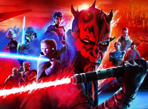 Une illustration numérique présente des personnages de Star Wars : The Clone Wars, avec au premier plan Maul Seigneur De L'ombre tenant un sabre laser à double lame.