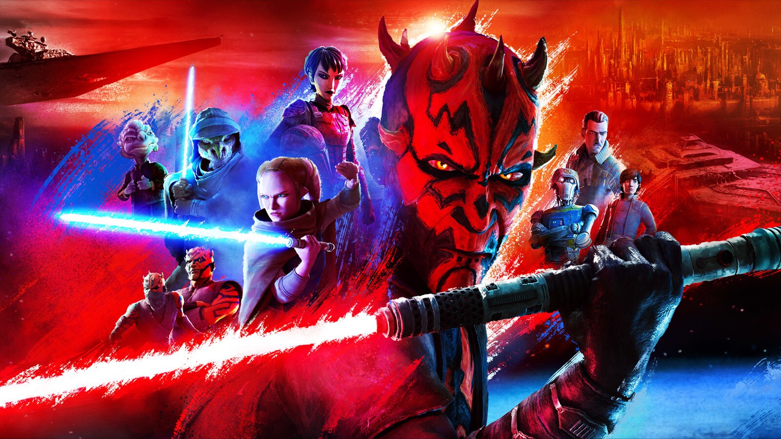 Une illustration numérique présente des personnages de Star Wars : The Clone Wars, avec au premier plan Maul Seigneur De L'ombre tenant un sabre laser à double lame.