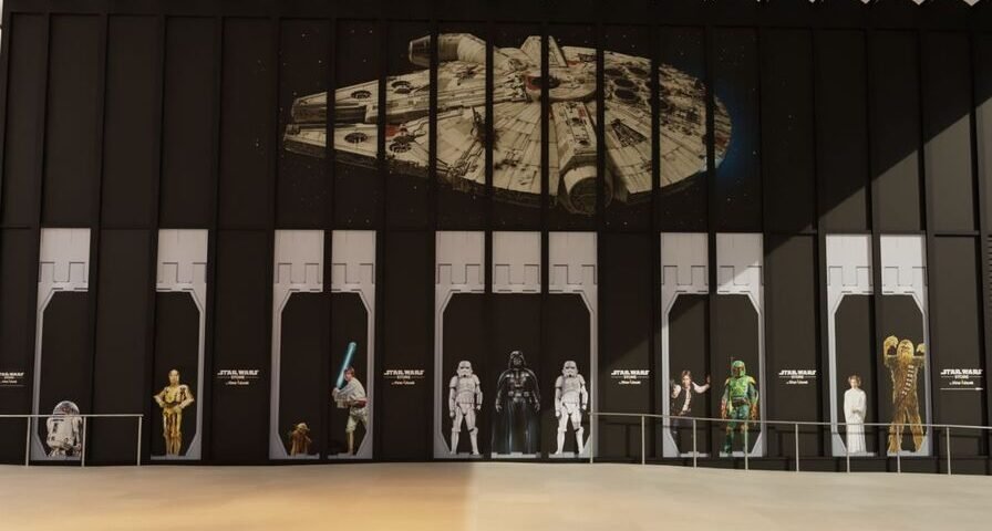 Une grande fresque du Faucon Millenium est affichée au-dessus de personnages Star Wars grandeur nature sur un mur noir dans un spacieux King Jouet Pop-up Éphémère.