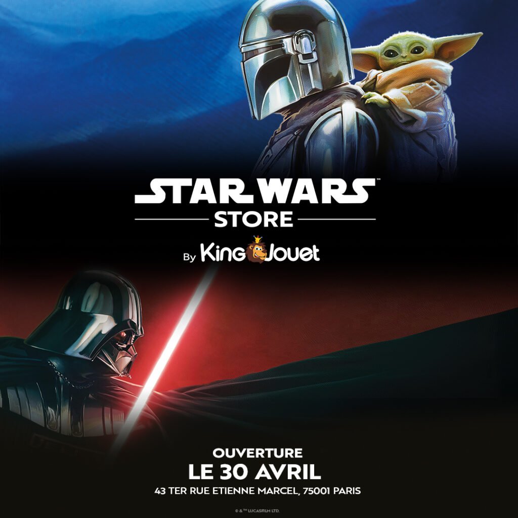 Affiche annonçant l'ouverture d'un pop-up éphémère Star Wars à Paris, mettant en scène le Mandalorien avec Grogu en haut et Dark Vador brandissant un sabre laser rouge en bas.