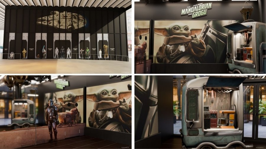 Collage de quatre images montrant l'exposition d'un magasin éphémère sur le thème de Star Wars, avec des stands présentant le Faucon Millenium, des personnages de Star Wars, des peintures murales de Grogu (Baby Yoda), et un aménagement intérieur à thème au King Jouet.