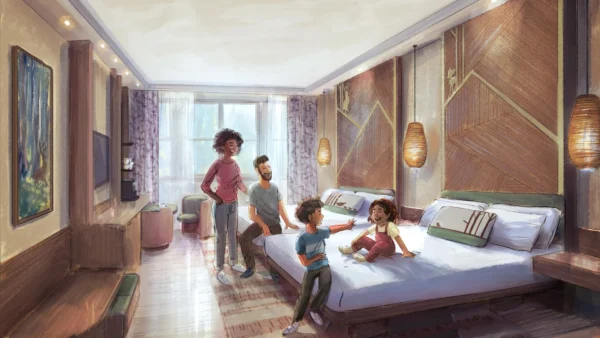 Illustration d'une famille de quatre personnes passant du temps ensemble dans une chambre d'hôtel moderne au Disney Sequoia Lodge, avec de grandes fenêtres, un lit king-size, un décor contemporain et des accents subtils sur le thème de Bambi.