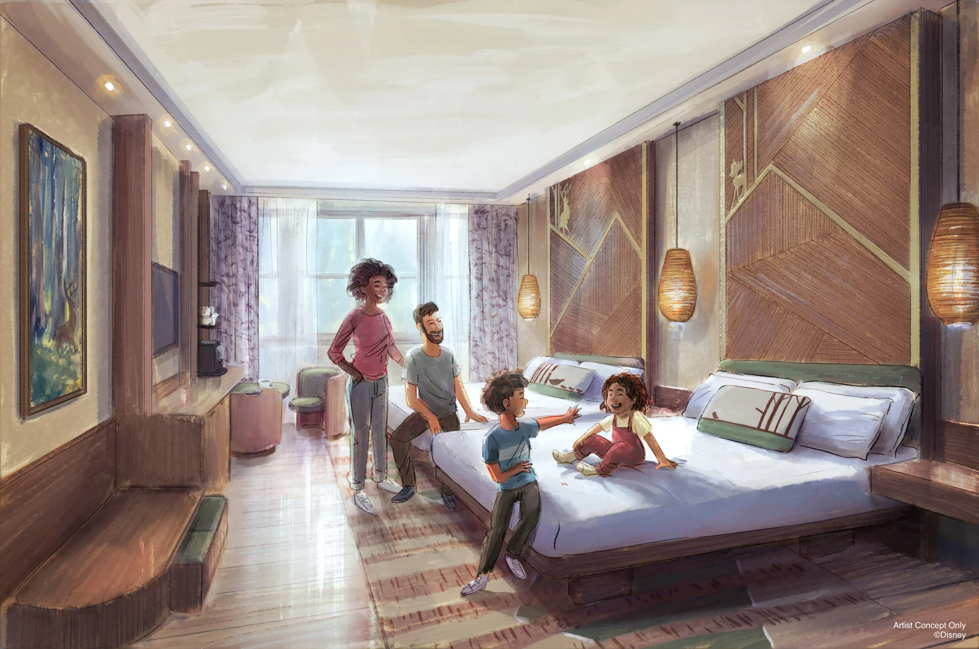 Illustration d'une famille de quatre personnes passant du temps ensemble dans une chambre d'hôtel moderne au Disney Sequoia Lodge, avec de grandes fenêtres, un lit king-size, un décor contemporain et des accents subtils sur le thème de Bambi.