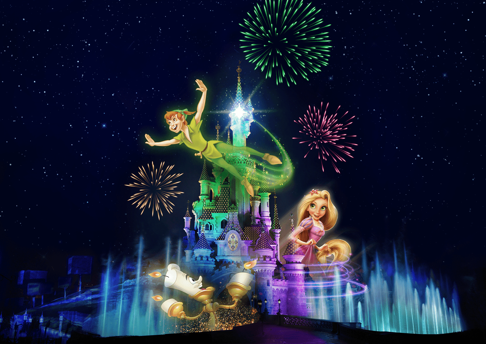 Les personnages animés de Disney, Peter Pan, Clochette, Raiponce et Lumière, apparaissent au-dessus du château de Disneyland Paris illuminé par des feux d'artifice et des fontaines la nuit.