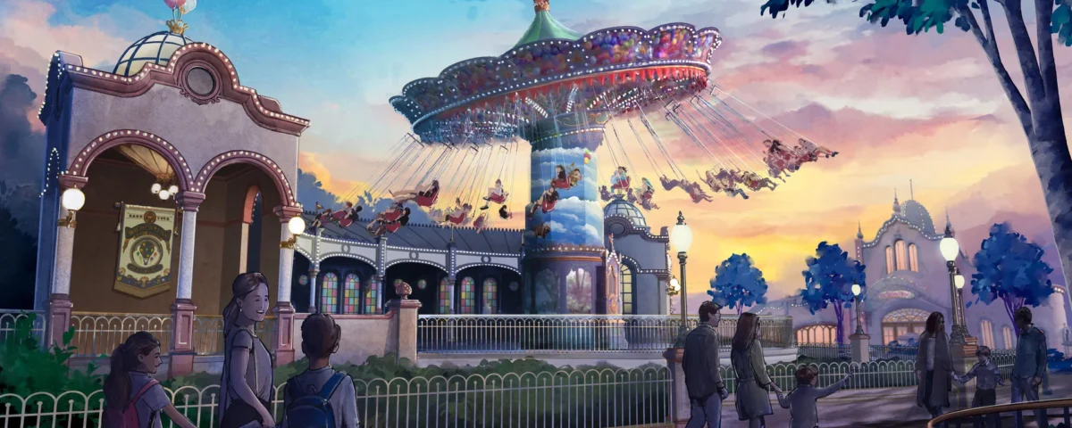 Illustration de personnes marchant près du Wilderness Explorers Sky Swings, une nouvelle attraction de Disneyland Paris, avec un manège tournant au coucher du soleil et des bâtiments et des arbres en arrière-plan.