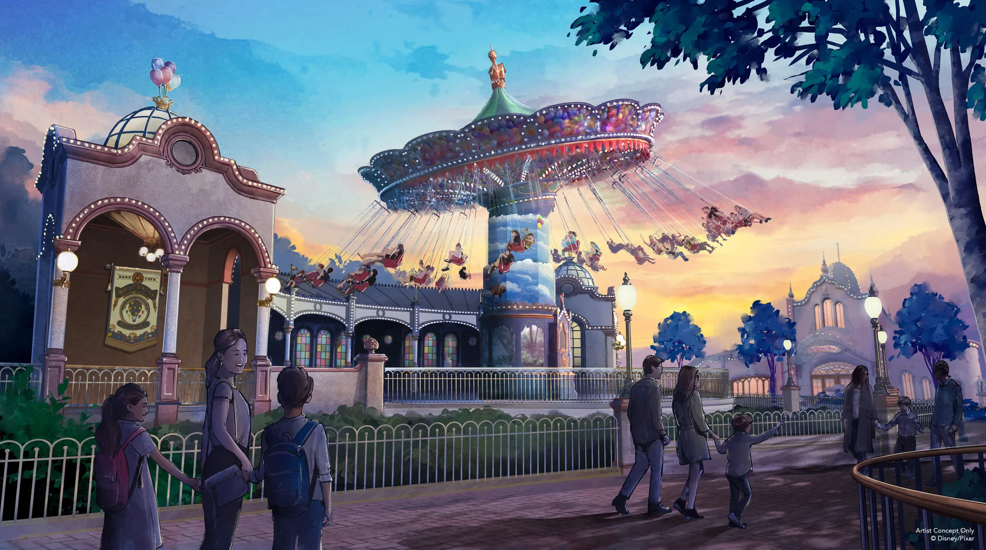 Illustration de personnes marchant près du Wilderness Explorers Sky Swings, une nouvelle attraction de Disneyland Paris, avec un manège tournant au coucher du soleil et des bâtiments et des arbres en arrière-plan.