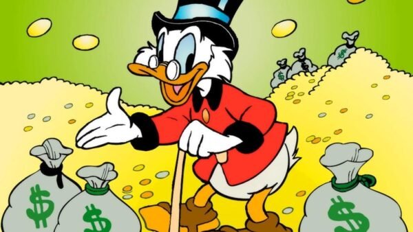 Un canard de dessin animé portant un chapeau haut de forme et des lunettes se tient debout avec une canne au milieu de piles de pièces d'or et de sacs d'argent avec des signes de dollar, comme s'il calculait les revenus fiscaux qui impressionneraient n'importe quelle commune près de Disneyland Paris.