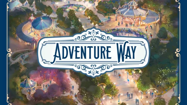 Vue aérienne illustrée de Disneyland Paris au crépuscule avec des attractions, des chemins et des arbres, avec le texte "Adventure Way Symphonic Suite" en polices décoratives pour Disney Adventure World.
