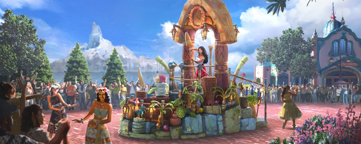 Le 24 juillet, un char de parade représentant Mirabel de Disney's Encanto glisse sur une allée de briques à Disney Adventure World, entouré d'une foule enthousiaste et de verdure luxuriante lors de la vibrante Parade des Princesses Disney.