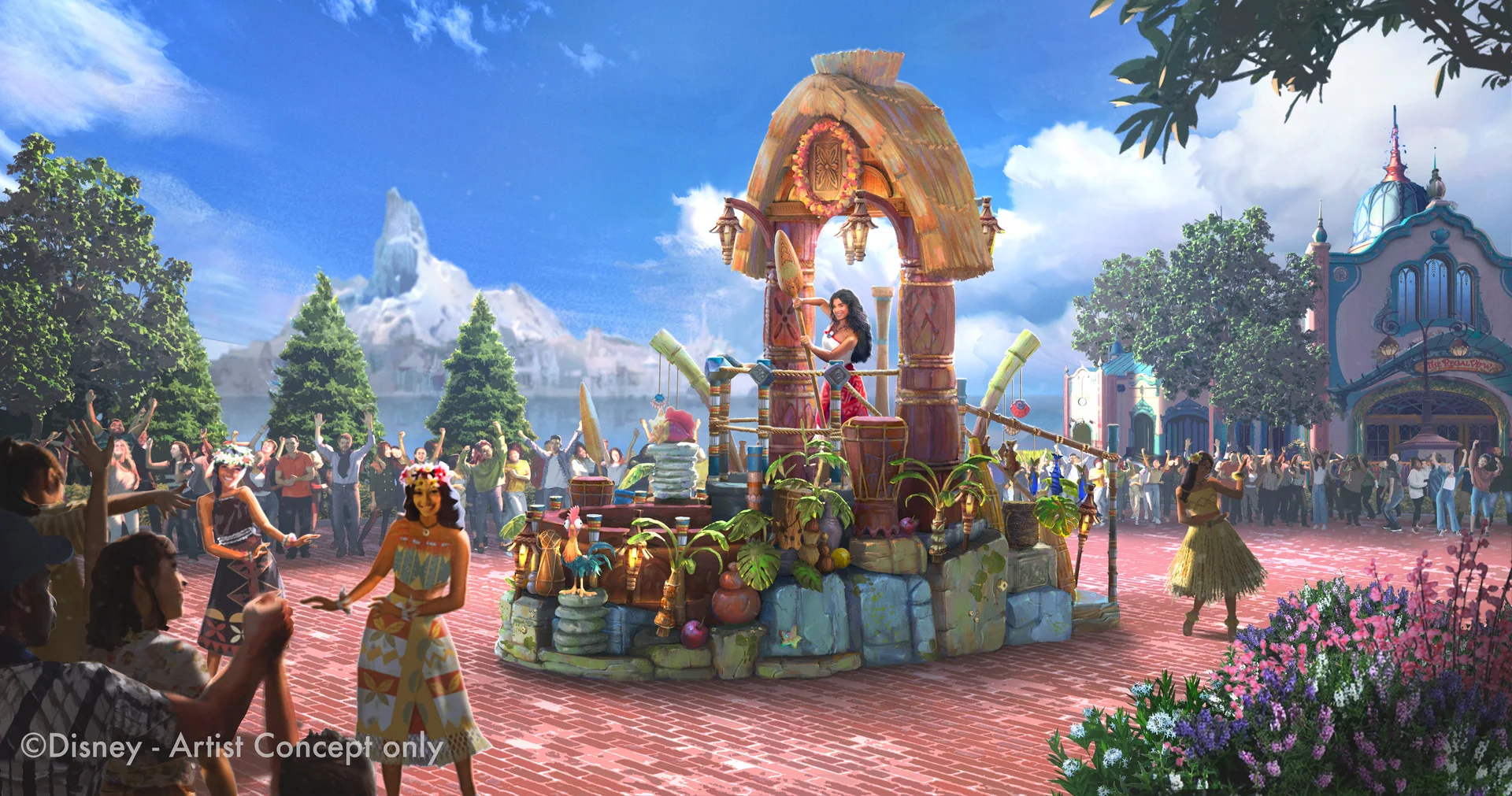 Le 24 juillet, un char de parade représentant Mirabel de Disney's Encanto glisse sur une allée de briques à Disney Adventure World, entouré d'une foule enthousiaste et de verdure luxuriante lors de la vibrante Parade des Princesses Disney.