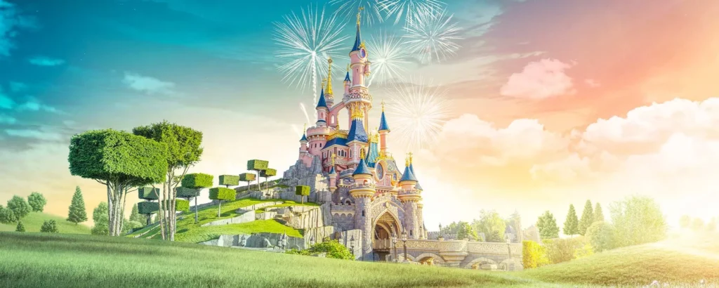 Un château coloré aux flèches bleues et roses se dresse sur une colline herbeuse de Disneyland Paris, entouré d'arbres sculptés, avec des feux d'artifice dans le ciel et la lumière du soleil en arrière-plan.