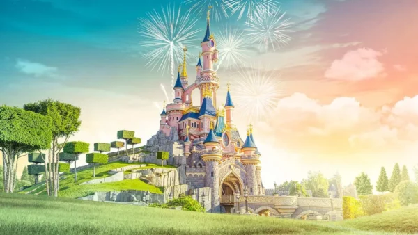 Un château coloré aux flèches bleues et roses se dresse sur une colline herbeuse de Disneyland Paris, entouré d'arbres sculptés, avec des feux d'artifice dans le ciel et la lumière du soleil en arrière-plan.