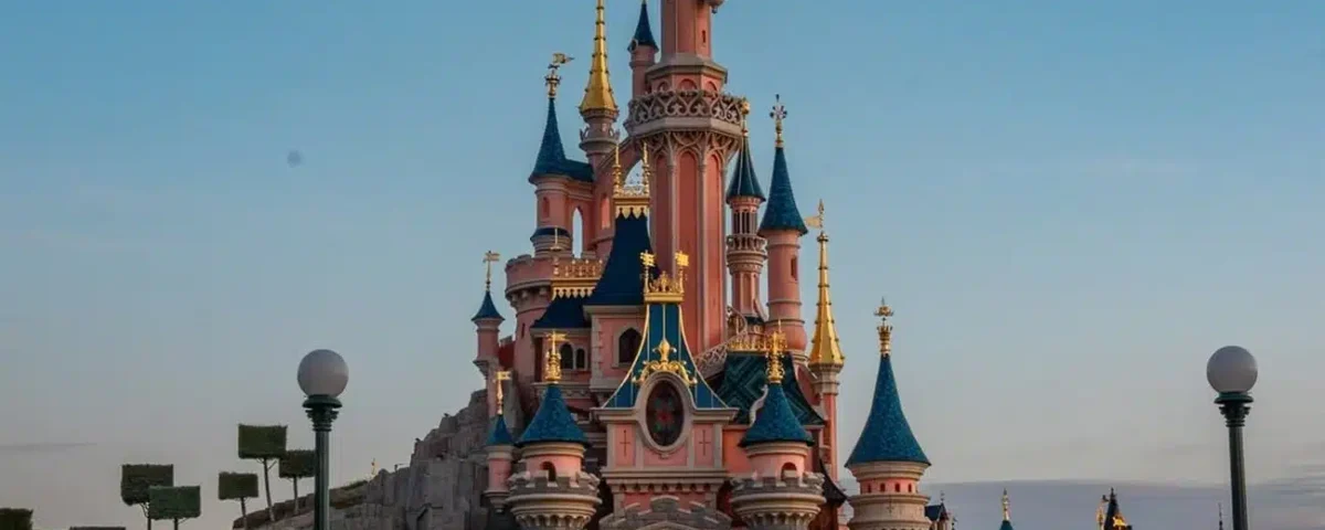 Un grand château de conte de fées rose et bleu, rappelant Disneyland Paris, avec des tours à tourelles, se dresse au centre d'un parc paysager sous un ciel bleu clair.