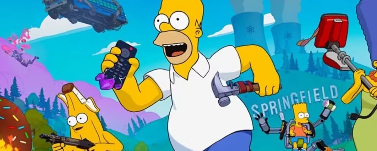 Scène animée mettant en scène la famille Simpson : Homer courant avec une manette de jeu vidéo, Bart avec un jetpack, Marge brandissant une arme, et des éléments de dessins animés dans un Springfield coloré - donnant vie à l'énergie de Disney et au doublage québécois.