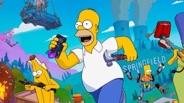 Scène animée mettant en scène la famille Simpson : Homer courant avec une manette de jeu vidéo, Bart avec un jetpack, Marge brandissant une arme, et des éléments de dessins animés dans un Springfield coloré - donnant vie à l'énergie de Disney et au doublage québécois.