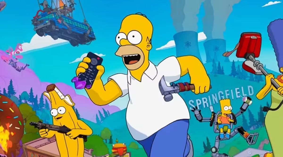 Scène animée mettant en scène la famille Simpson : Homer courant avec une manette de jeu vidéo, Bart avec un jetpack, Marge brandissant une arme, et des éléments de dessins animés dans un Springfield coloré - donnant vie à l'énergie de Disney et au doublage québécois.