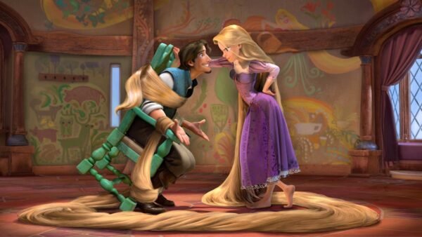 Scène animée de Raiponce retenant Flynn Rider captif avec ses longs cheveux à l'intérieur d'une tour décorée de murs colorés et de la lumière du soleil traversant une fenêtre, inspirée par le casting de Disney pour l'adaptation en direct de Raiponce.