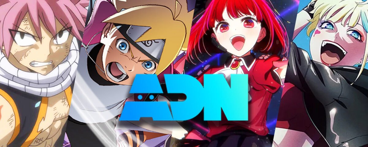 Quatre personnages de dessins animés issus de Naruto, The Eminence In Shadow et Assassination Classroom sont représentés côte à côte, avec un logo bleu « ADN » au centre.