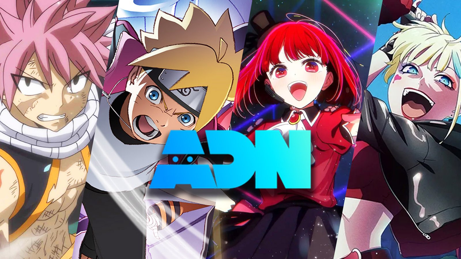 Quatre personnages de dessins animés issus de Naruto, The Eminence In Shadow et Assassination Classroom sont représentés côte à côte, avec un logo bleu « ADN » au centre.