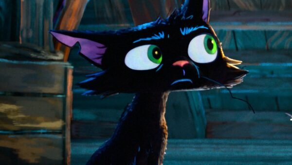 Nero, un chat noir animé aux grands yeux verts et à l'air inquiet, est assis dans une pièce en bois aux poutres inclinées et à la lumière tamisée, évoquant le charme d'un film d'animation Pixar.